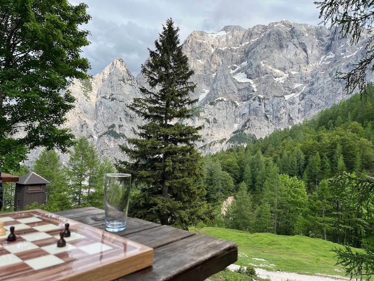 Chessboard and empty glass on wooden table with view of snowy mountains and forest