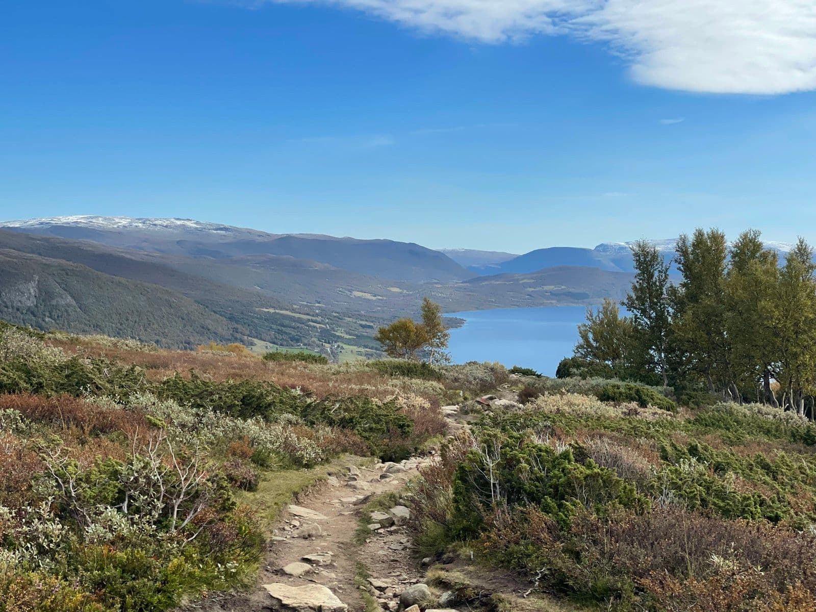 Hiking trail leading toward a blue mountain lake in Trollheimen, Norway, with snow-capped peaks in the distance.