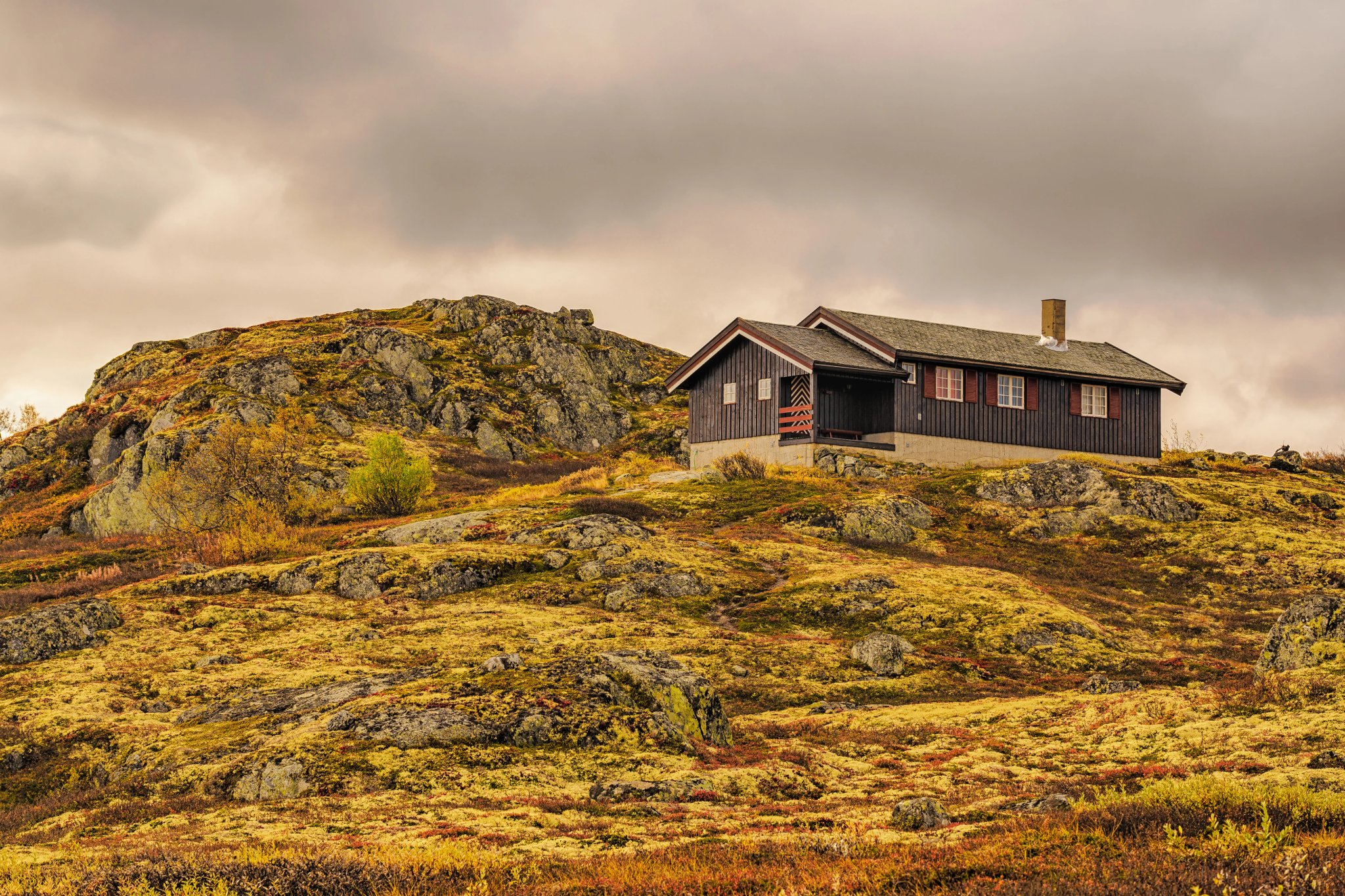 Hut op heuvel in Hardangervidda National Park, Noorwegen