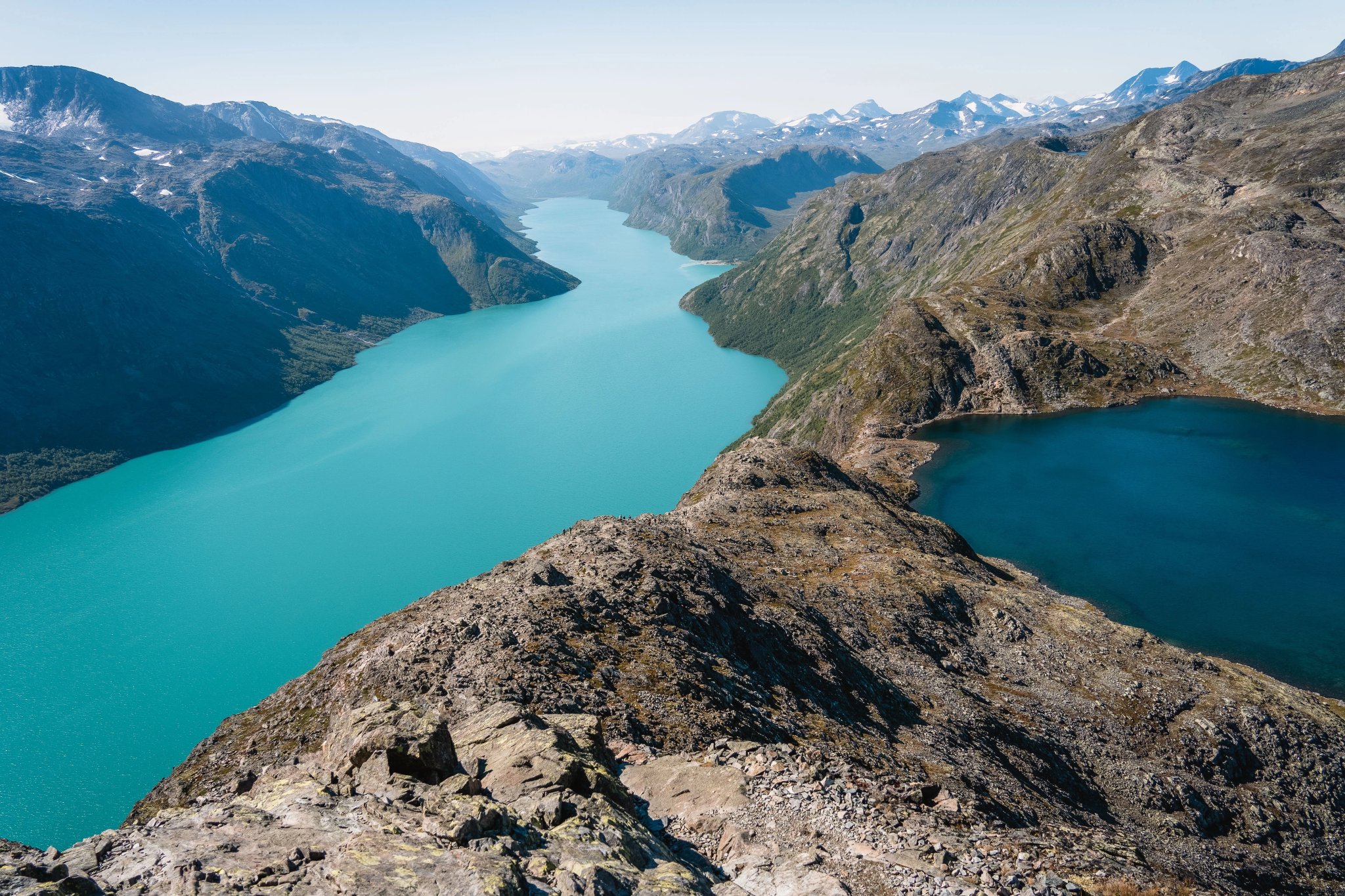 Aerial view of a river flowing through Besseggen ridge in Norway