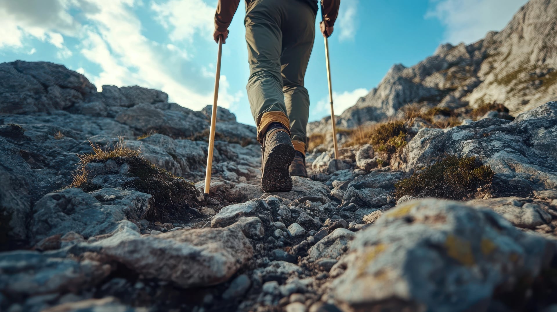 Person hiking up a rocky mountain path with walking poles