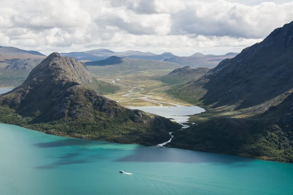 View from Besseggen ridge over Gjende and Ovre Leirungen lakes, Norway